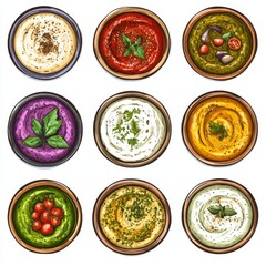 Set of Colorful Mediterranean Dips and Sauces in Bowls - Hummus, Tzatziki, Muhammara, Tomato Pesto, Baba Ganoush, Skordalia, Labneh, Tapenade 