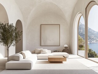 Fototapeta premium A white living room with a large window and a picture on the wall