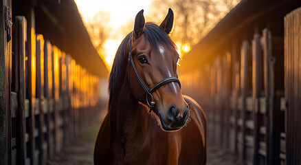 Fototapeta premium Brown horse standing in stable during sunset. A brown horse is calmly positioned in a stable as the warm glow of sunset illuminates the surroundings, creating a serene atmosphere.
