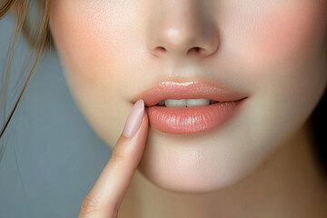 Fototapeta premium Close-up of a woman's lips with a subtle smile, showcasing smooth skin texture and natural coloration, on a minimalist background in soft gray. The atmosphere is intimate and serene,...