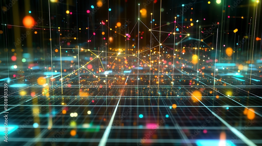 Poster abstract digital grid with colorful lights and lines.