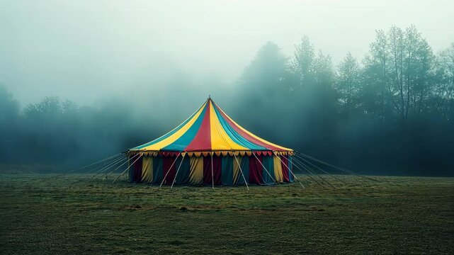 Fog slowly covering colorful circus tent on field