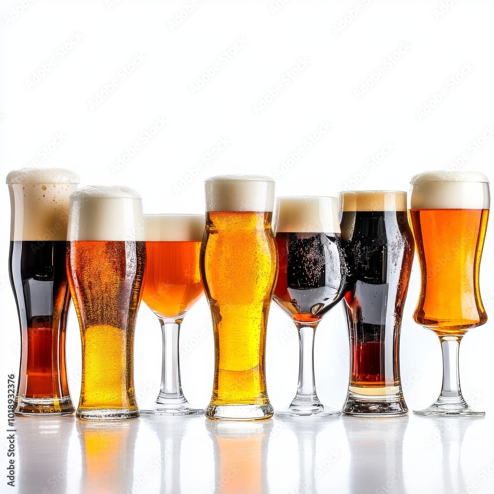 Wall mural variety of beers in different glasses standing on a bar isolated on white background