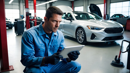 master auto mechanic with tablet car diagnostics in auto repair shop