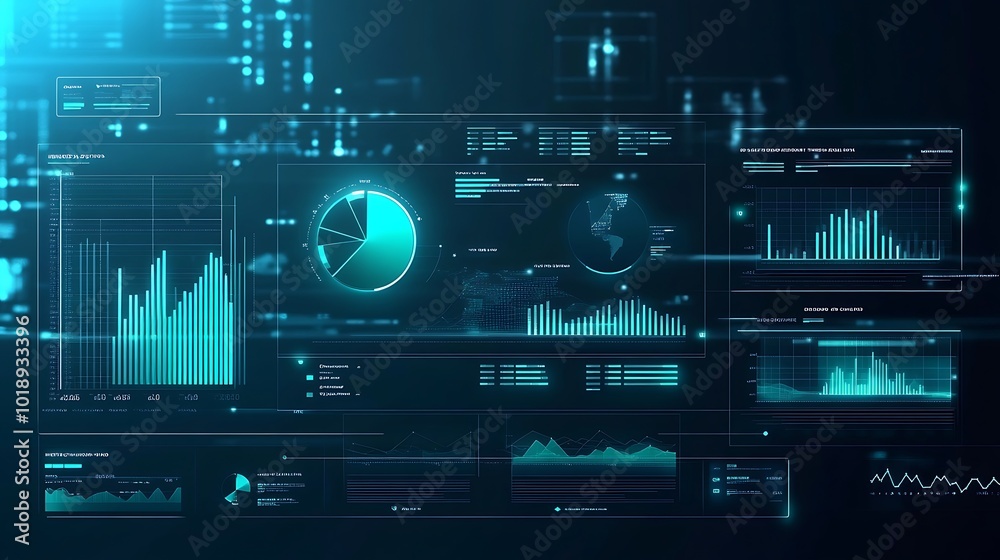 Poster Futuristic digital dashboard with various charts, graphs, and data visualizations on a blue background.
