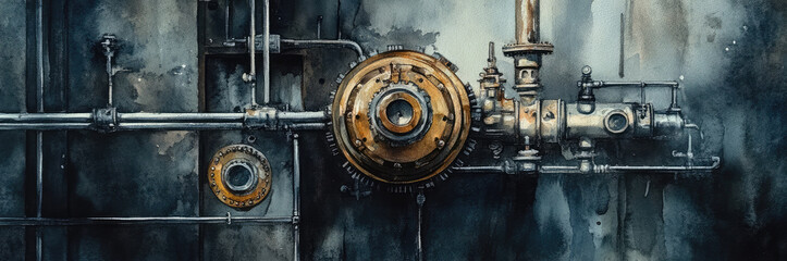 Fototapeta premium An intricate and complex industrial pipe system featuring aged and weathered metal machinery, showcasing the blend of engineering and industrial aesthetic.