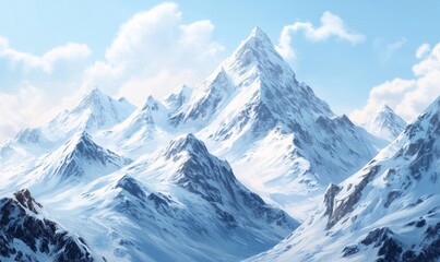 Serene winter mountain range with snow-covered peaks rising into a pale blue sky