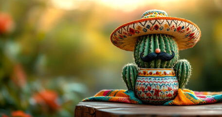 Naklejka premium Cactus in sombrero and mustache outside. A charming cactus dressed in a colorful sombrero and mustache sits on a table, surrounded by vibrant greenery during sunset.