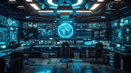 Futuristic Nuclear Command Center with Advanced Holographic AI Systems for Global Threat Monitoring