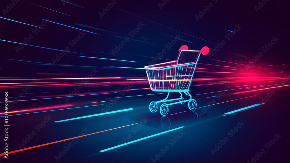 Poster A vibrant minimalistic outline logo featuring a shopping cart in neon colors against a futuristic backdrop