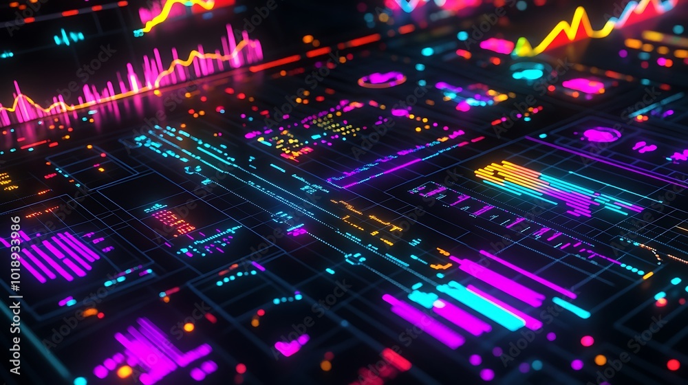 Poster A futuristic, abstract representation of data and information in the form of neon-colored graphs and charts, glowing brightly on a black background.