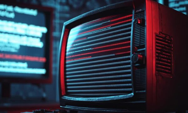 red video camera on the background of a computer monitor.
