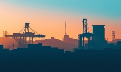 Obraz premium Silhouette of shipping containers and cranes at the port of
