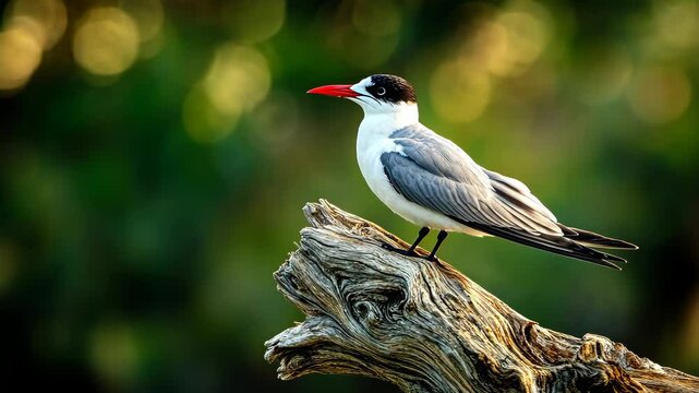 Caspian tern gracefully perching on a branch in bright daylight