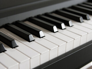 The keys and keyboard of a digital piano on a black background. Monochrome macro photography. Musical instrument, musical literacy training, musical notation, musicians, music making and solfeggio