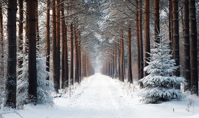 Wintery Forest Path Covered in Snow and Lined with Tall Pine Trees, A Peaceful Holiday Scene