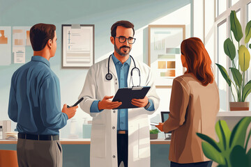 A compassionate doctor discusses treatment options with patients in a bright, welcoming clinic office during the day