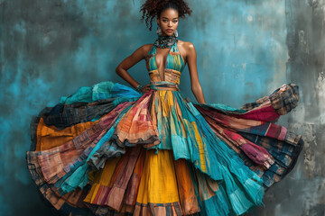 A vibrant model struts confidently in a flowing multi-colored dress against a textured blue backdrop during a fashion showcase