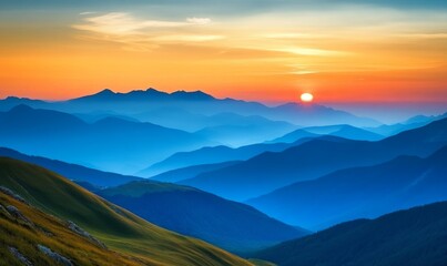 sunset in the mountains with orange and blue colors