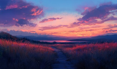 Obraz premium A forest path is lit by the sun, creating a warm and peaceful atmosphere