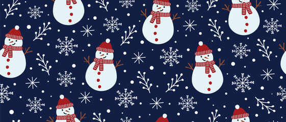 Snowmen, seamless Christmas and New Year design. Traditional winter holiday illustrations, on blue background.