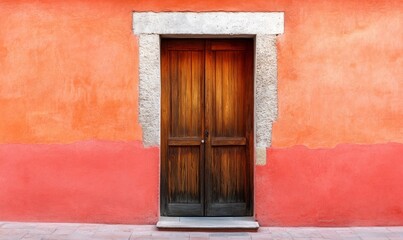 Street view of wooden door and terracotta wall