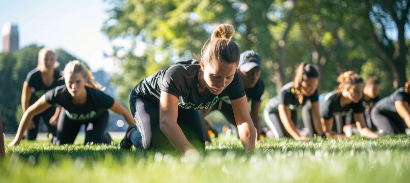 Outdoor Fitness Boot Camp: Group Push-Ups in a Lush Green Park for Team Building
