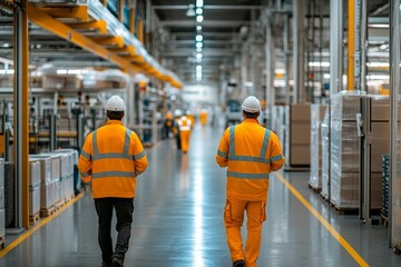 Obraz premium Two workers in orange safety gear walking in an industrial factory with bright overhead lighting.