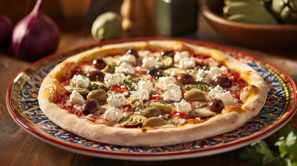 Mediterranean pizza with feta cheese, olives, and artichokes, displayed on a colorful plate