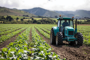Obraz premium A dedicated farmer cultivates a lush green field with modern machinery under a vibrant sky on a sunny day