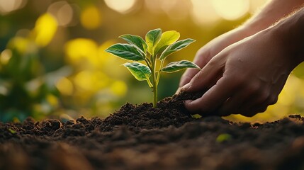 Fototapeta premium planting and nurturing a tree with farmer hands on fertile soil, against a serene green and yellow bokeh backdrop, reflecting the essence of nature protection and growth