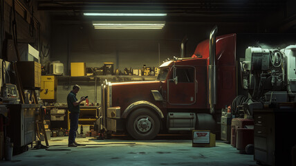 A dedicated mechanic works meticulously in a dimly lit garage, focused on a red truck amidst tools and machinery at sunset