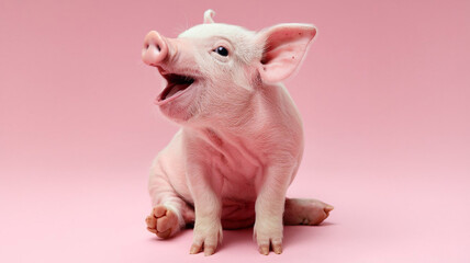 Naklejka premium Cute Piglet Sitting on Pink Background Adorable Farm Animal Portrait