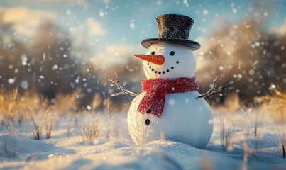 Obraz premium Snowman with a carrot nose, wearing a red scarf and black top hat, standing in a snowy field