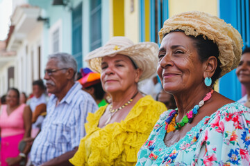Citizens celebrate vibrant festivities in traditional attire during a lively cultural event in sunny Caribbean streets