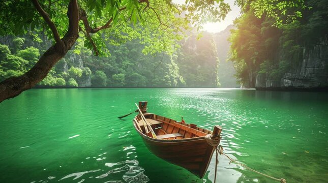 Wooden boat floating on tranquil emerald waters in a serene fantasy landscape with lush surroundings.
 Seamless looping 4k time-lapse virtual video animation Generated AI