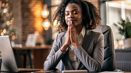 A professional black woman in a suit practices mindfulness, meditation or prayer in a modern office. warm lighting and contemporary decor create a serene atmosphere, ideal for stress relief and focus.