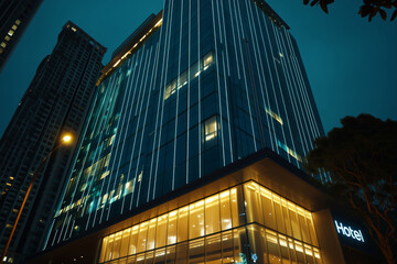 Elegant high-rise hotel towering at night, illuminated by luminous LED lights in a bustling metropolitan area