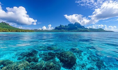 Fototapeta premium Vibrant azure blue south pacific ocean water. The clear sea reveals beautiful coral reefs at Bora Bora island in French Polynesia
