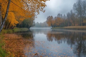 Fototapeta premium A misty lake reflecting a vibrant autumn forest, creating a calming and atmospheric landscape of serenity.