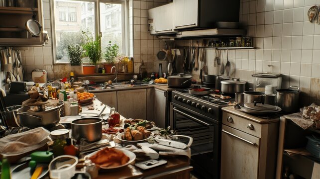  chaotic kitchen after a cooking session, showing pots, pans, and ingredients everywhere