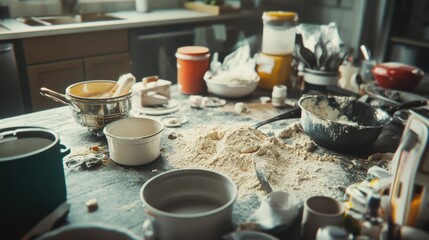  kitchen table covered with spilled flou