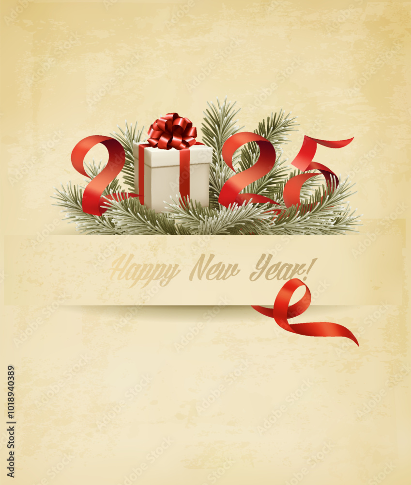 Aufkleber happy new year and christmas retro holiday background with a 2025 and branch of tree and gift box. v