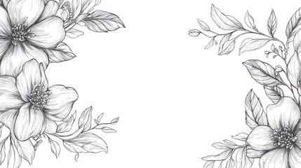 Customizable floral frame in line art style, showcasing intricate hand-drawn flowers and leaves, perfect for invitations and designs.