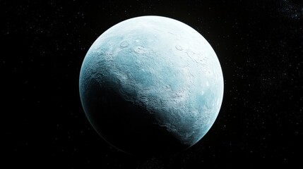 A close-up view of a blue, icy planet in space, with a star field in the background.