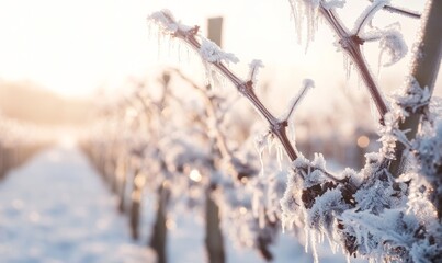 Wintery vines covered in frost, their delicate shapes highlighted by soft sunlight filtering through the cold air