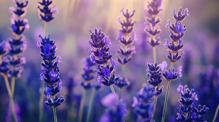 Fragrant blue lavender flowers blossoming on vast field in peaceful summer farmland.