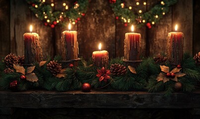 Yule Log decor on December 21st: Rustic Wooden Logs, Candles, and Evergreen Garlands Capture the essence of Yule with rustic wooden logs adorned with glowing candles, evergreen garlands
