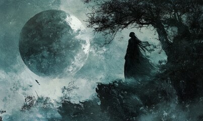 A woman stands on a rocky ledge looking out at a large moon