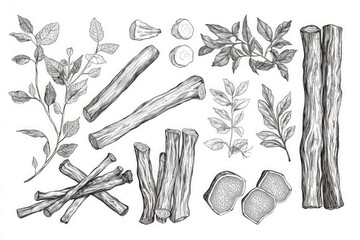 Detailed line art illustration licorice root in various forms, laid out on a white background for a clean botanical display.